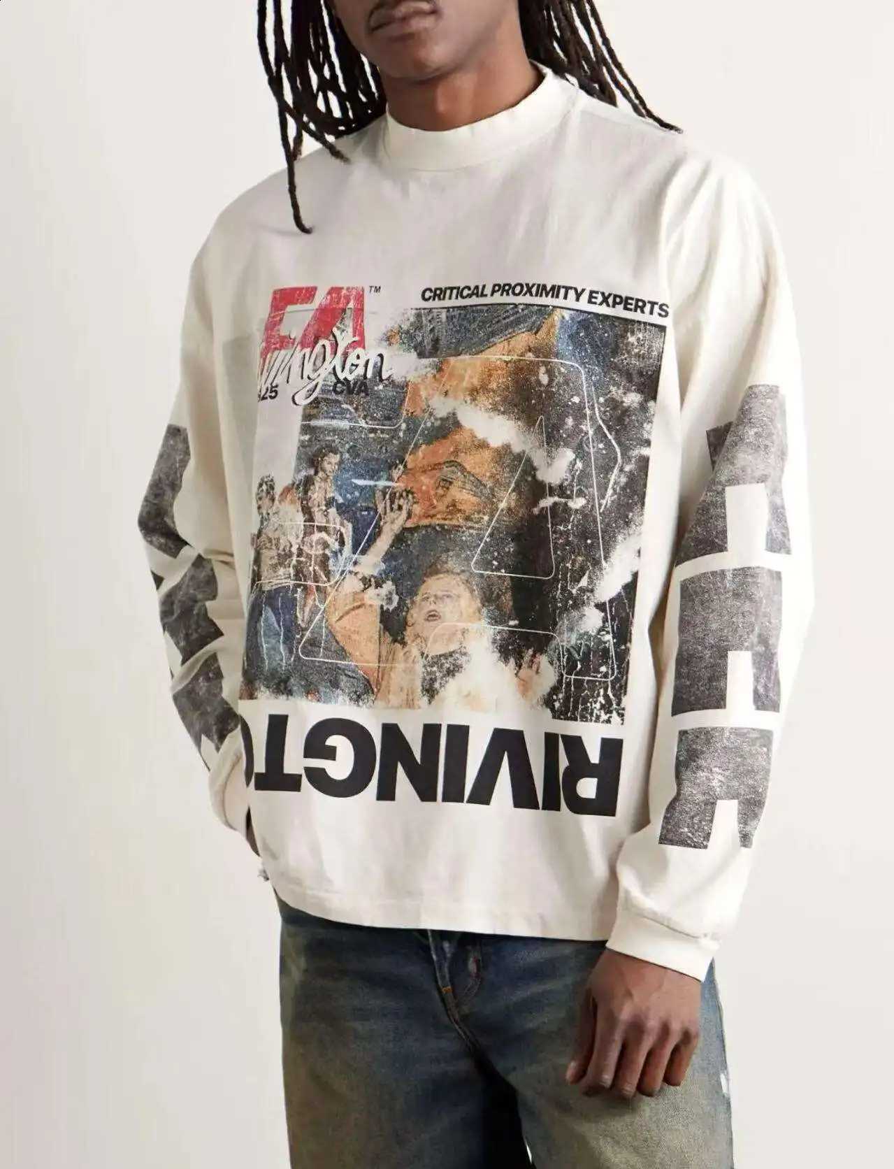 Autumn/Winter RRR123 SS25 New Washed Graffiti Printed Long Sleeve Vintage High Street Casual Loose Cotton Round Neck T-shirt X260916