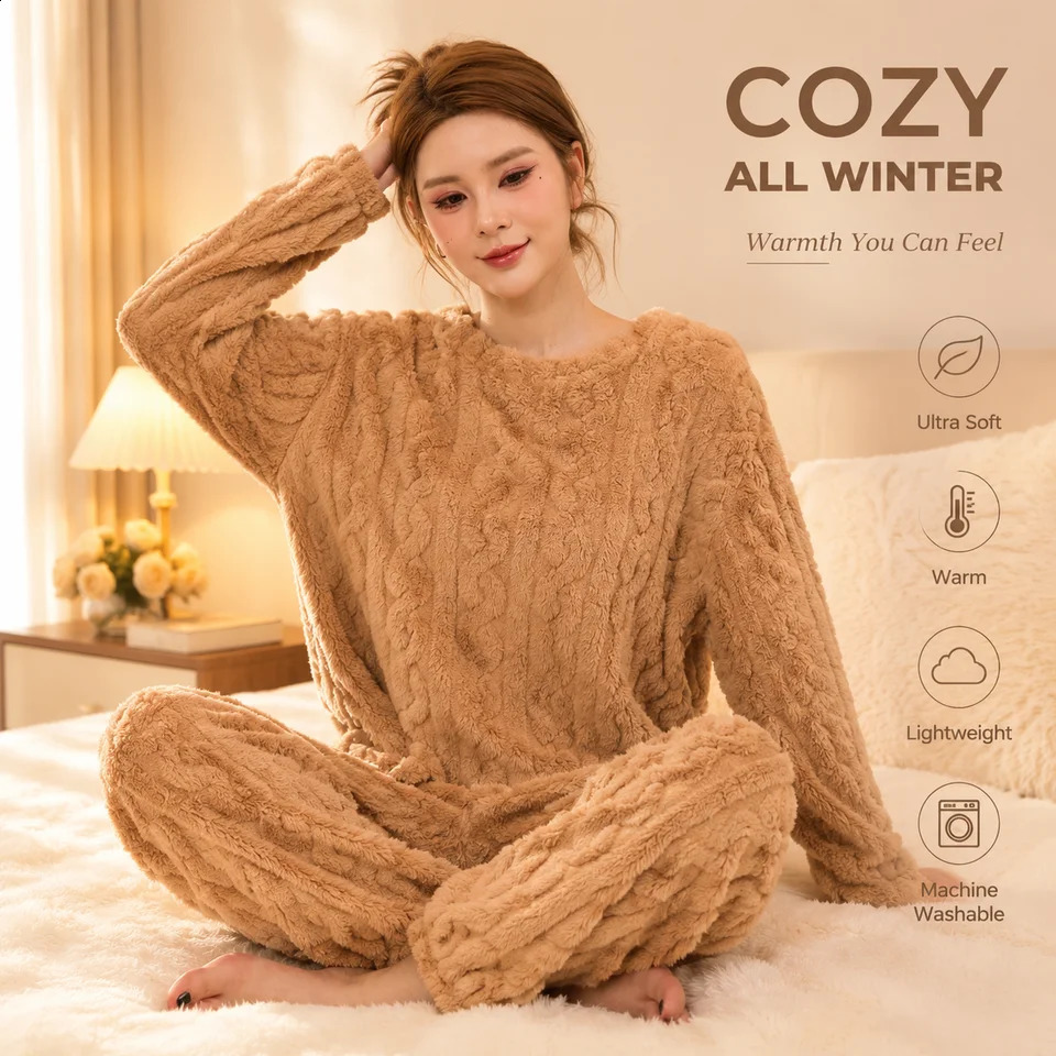 Women's Thickened Warm Sleepwear coral velvet homewear Fluffy O-neck leisure pajamas Striped Large Size Adapted Winter Sleepwear 260917