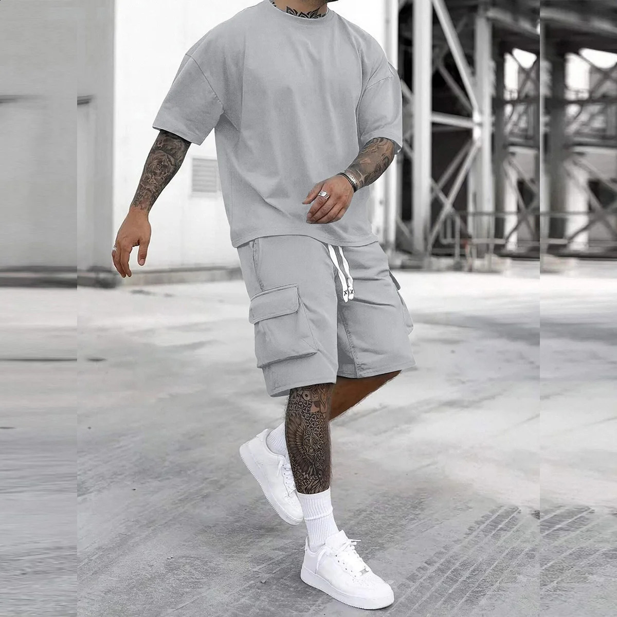 2Piece Men's Casual Sports Summer Matching Set TShirtMultiple Pocket Workwear Shorts Clothing Suitable for Outdoor Hiking Fitness and Travel 26