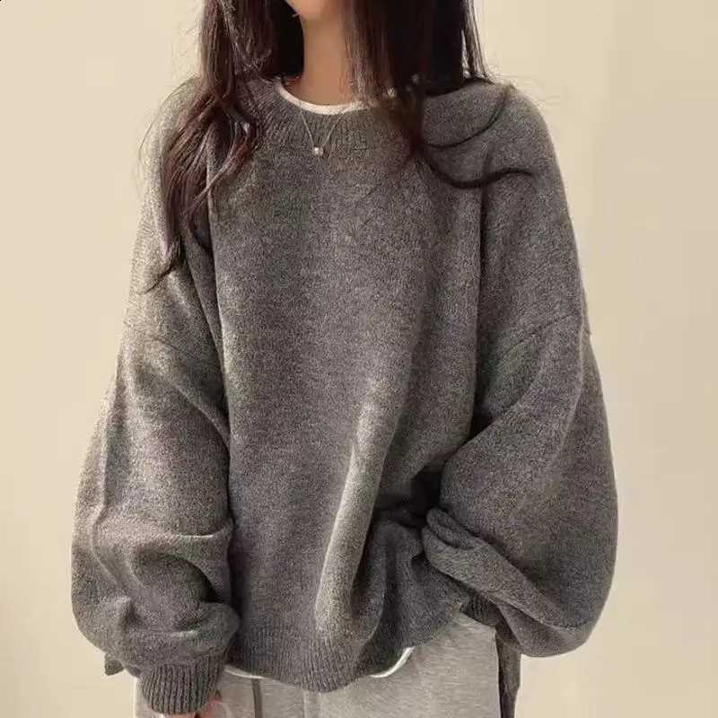 Sweaters Gray Vintage Women Black Lantern Sleeve Korean Fashion Oversized Knit Pullovers Solid Basic Old Money Winter J260916