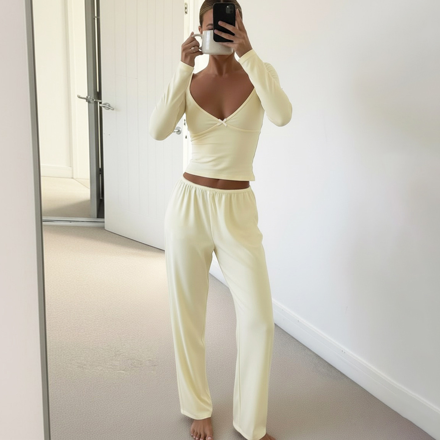 Foreign Trade Cross-Border Fashion Two-Piece Lace Bow Decoration Solid Color Basic Casual Home Lazy Pajama Set 10