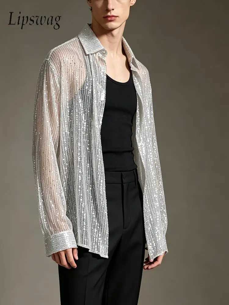 Fashionable Loose Cardigan Male 2026 Fall Outdoor Transparent Solid Color Long Sve Shirt Men Sequin Button-up Blouse Q260917