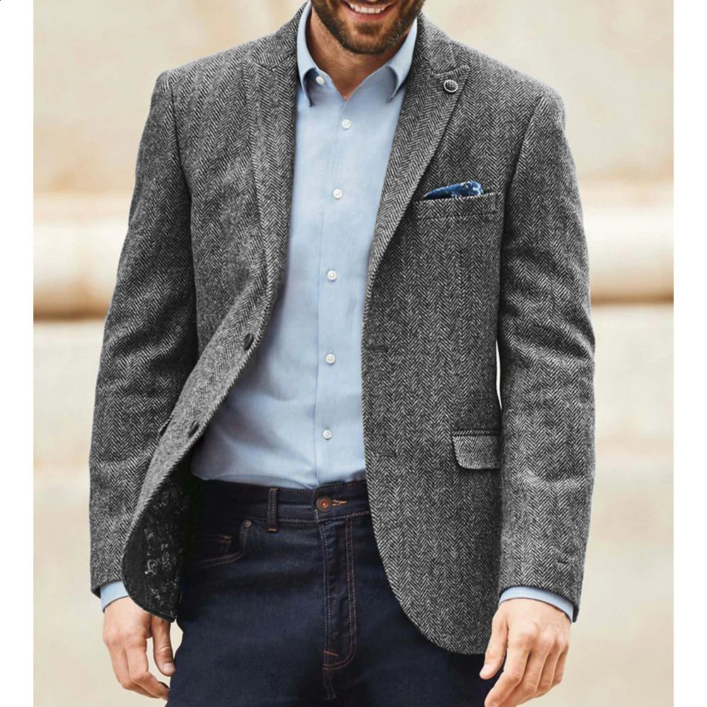 Mens Herringbone Tweed Suit Blazer Classic Notch Lapel Dress Jacket Elegant Slim Fit Fashion Simple Casual Business Outerwear 260914