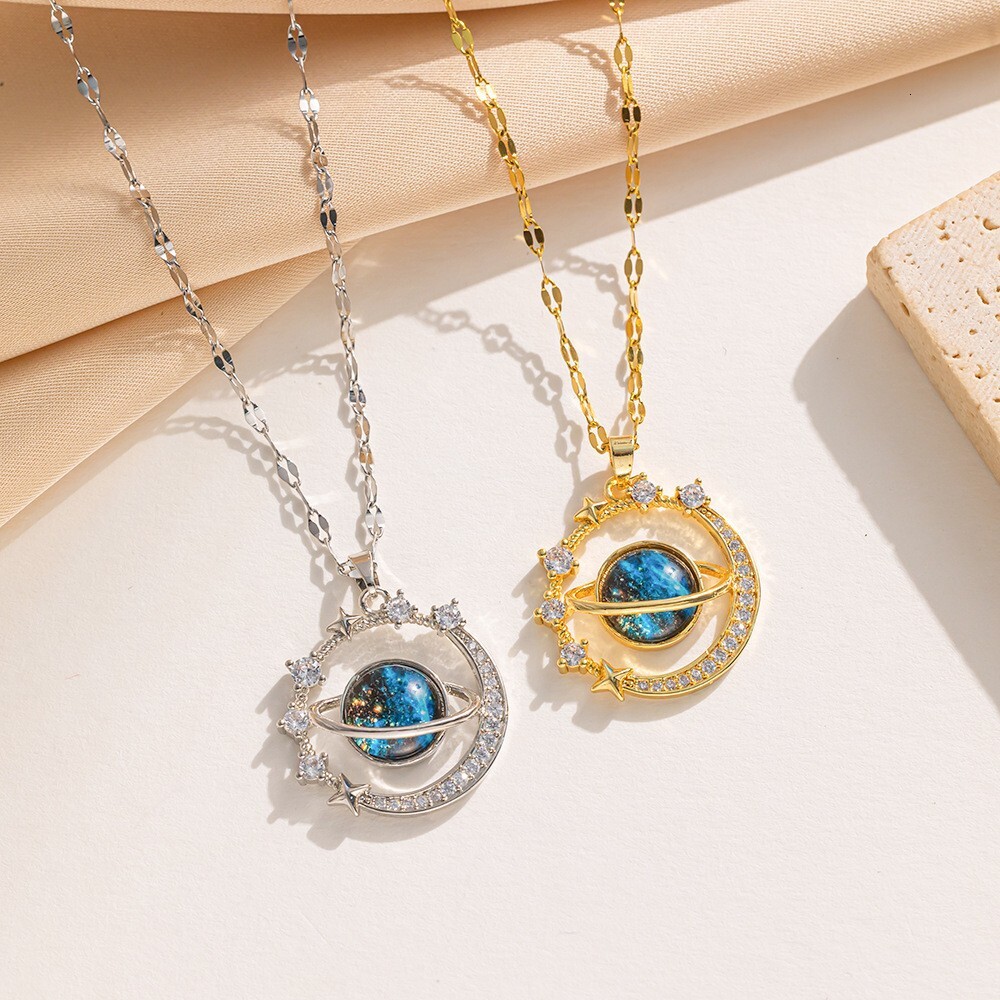Unique design micro-inlaid diamond planet clavicle necklace, high-end versatile elegant light luxury moonstone wholesale