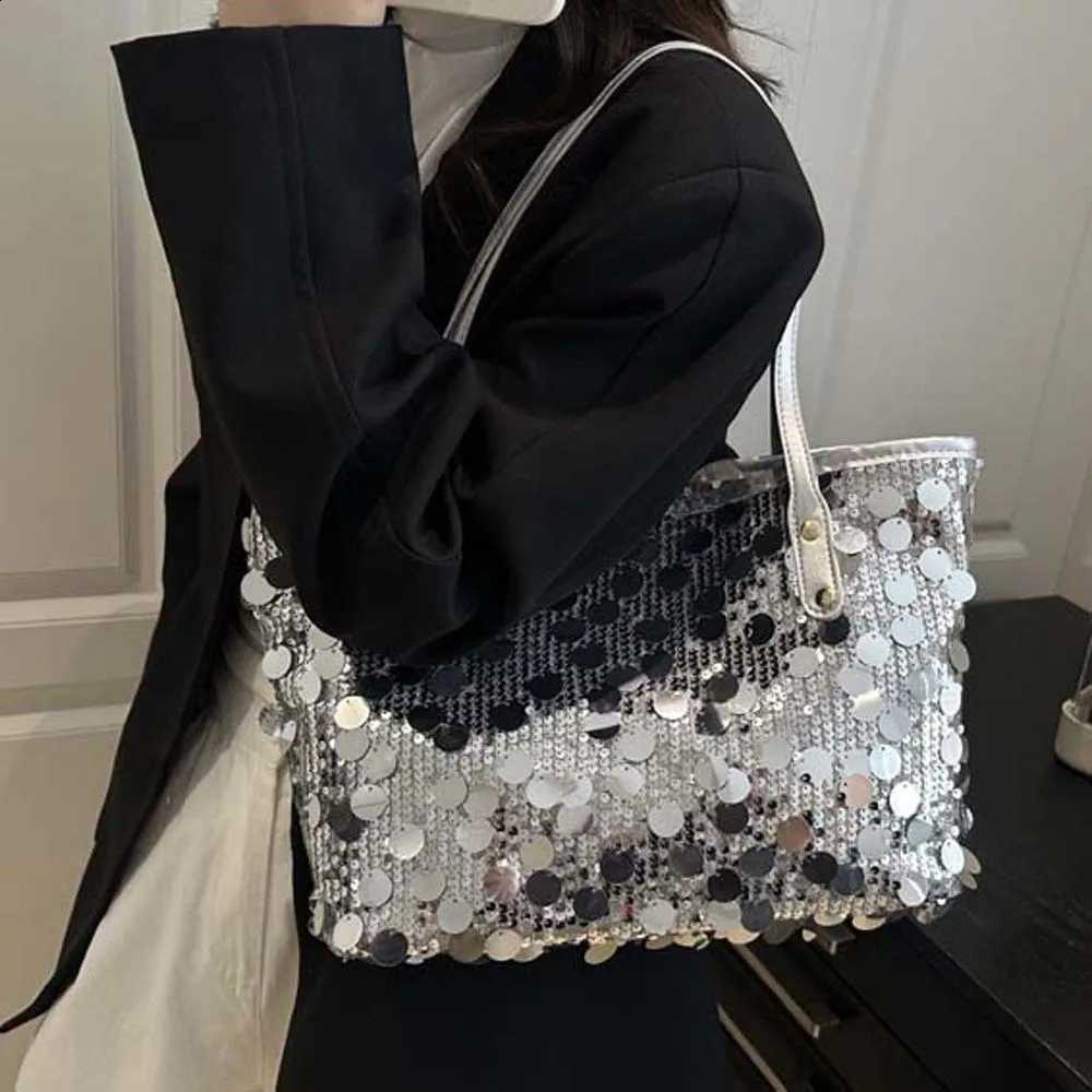 Large Capacity Sequin Tote Bag Soft Handle Inner Pocket Glitter Shoulder Bag Lightweight Design Solid Lining Shiny Handbag H260916