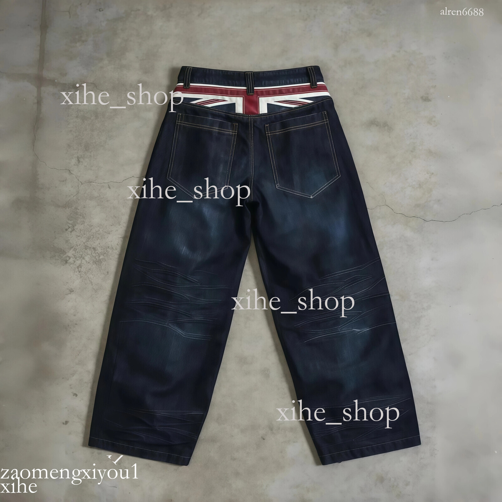 Men's Jaden Jeans Union Jack Waistband Wide Leg Men Dark Blue Oversized Distressed Y2K Casual Denim
