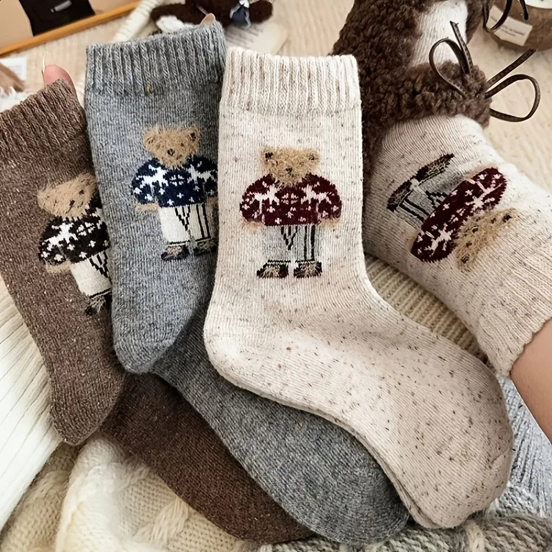 5 Pairs of Socks for Girls Cartoon Cute Little Bear Mid-Calf Socks Thickened and Warm Wool Slouch Socks for Autumn and Winter Socks a Must-Have for