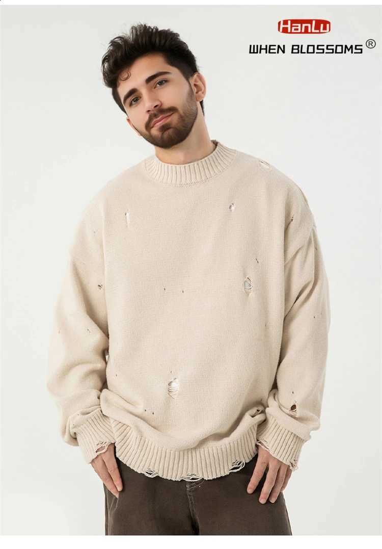 New HANLU Fashion 2025 Spring Vintage Loose Hole Breaking Design Sweaters Solid Knitted Jumper Men Hip Hop Oversized Pullover J260916