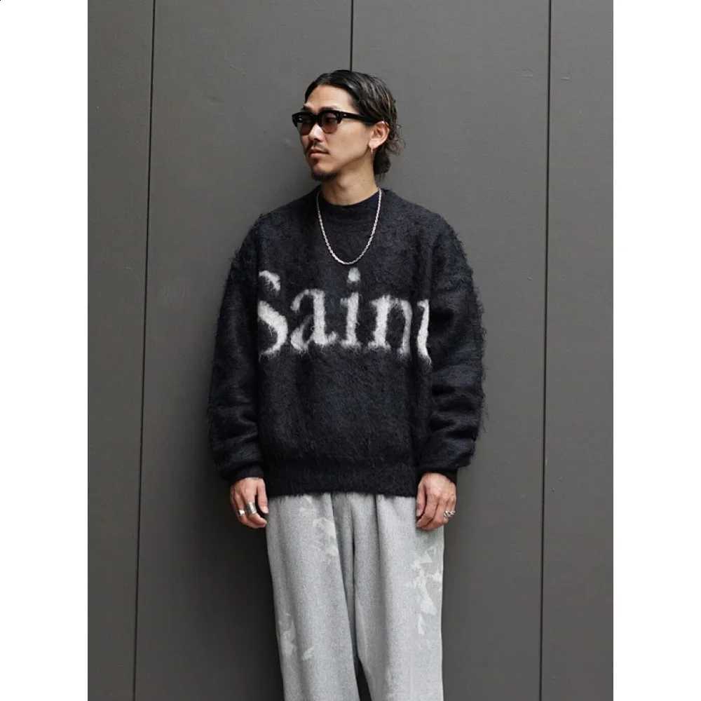 Hoodies Washing Retro Mohair Saint Sweater American Style High Street Versatile Leisure Coat Oversize O-Neck Men Women Black J260916
