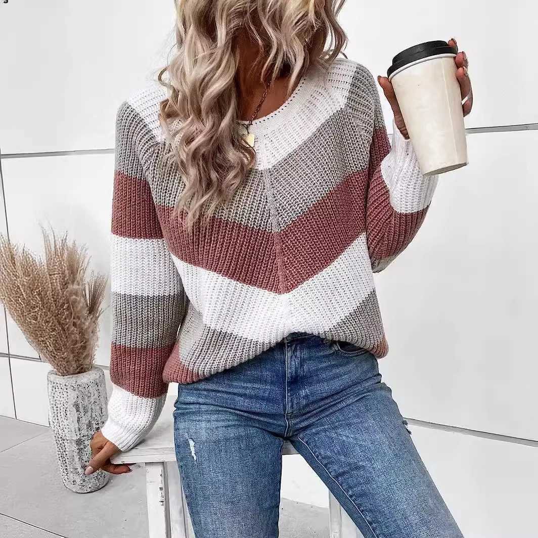 Women's Round Neck Striped Fashionable Contrasting Splicing Lazy Style Design Symmetrical Pullover Knit Sweater S260917YOZL