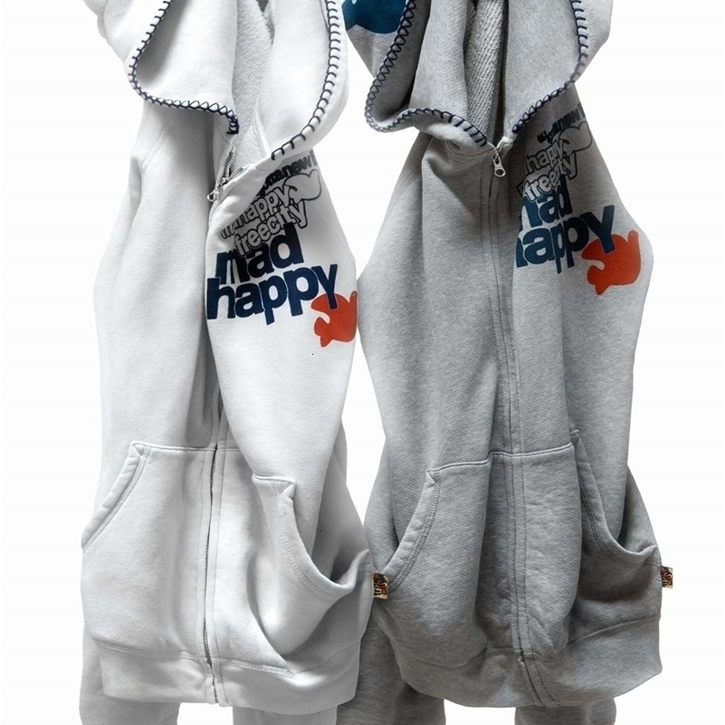 Vintage Letter Print Zip Up Hoodie Men Contrast Stitched Edge Loose FullZipper Hip Hop Casual Hooded Sweatshirt 260916