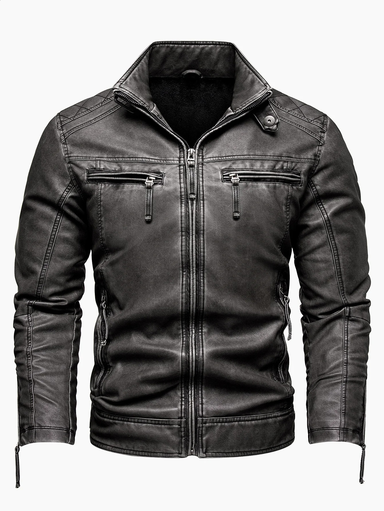 Men's Vintage Thickened Jacket MultiPocket StandUp Collar Motorcycle Clothing Casual PU Leather 260916