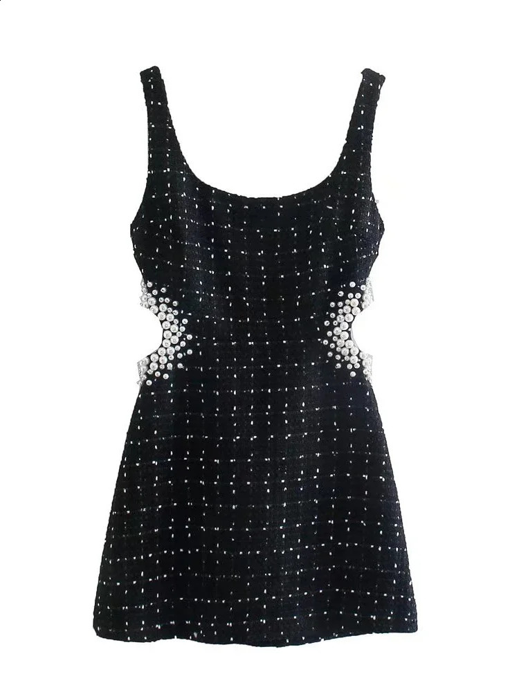 Willshela Women Fashion With Pearls Black Hollow Out Back Zipper Mini Dress Vintage Straps Square Neck Female Chic Lady Dresses 260917