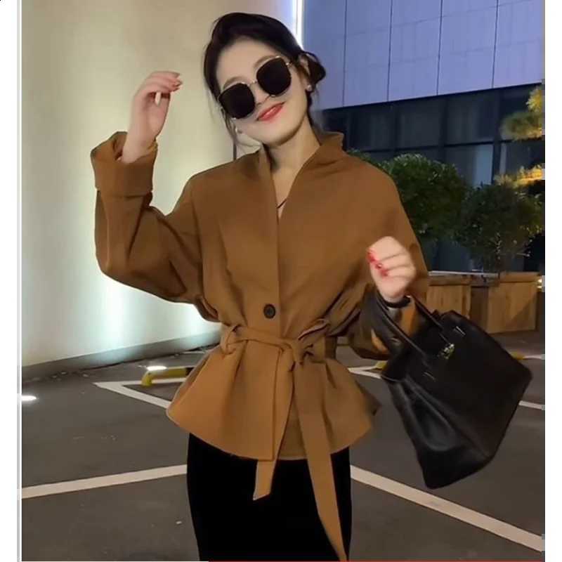 Style Stand Korean Collar Belted Coat for Women Elegant Slimming Autumn Fashion High Waist Tunic Top Ladylike Trendy Outerwear C260917
