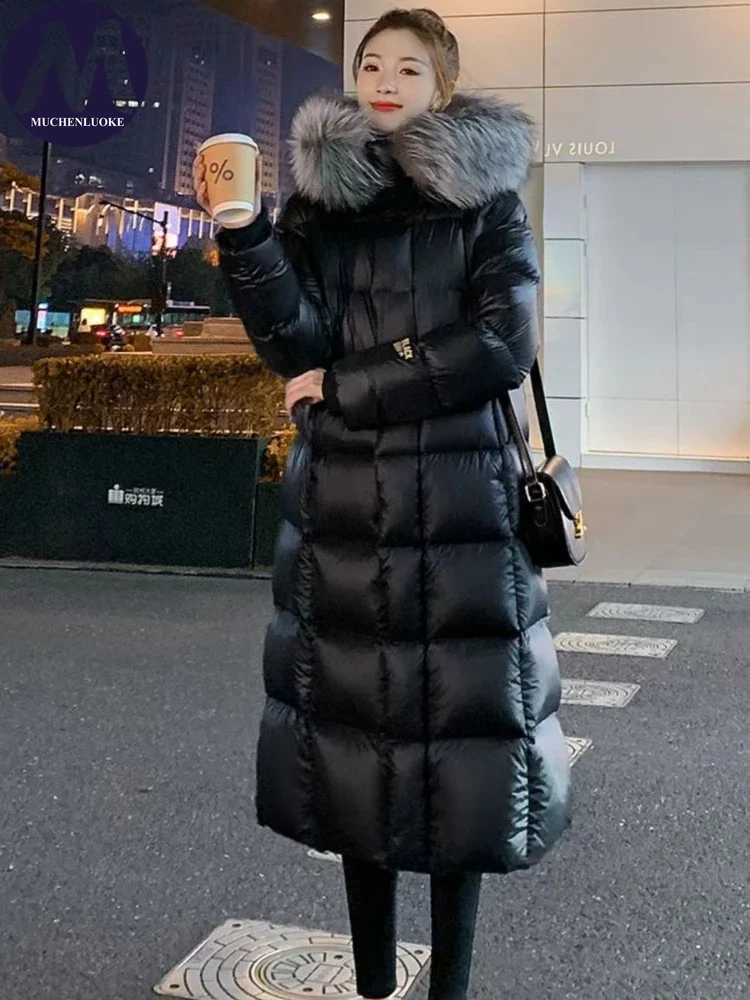 Women's Elegant Hooded Down Jacket with Fur Collar Thick Cotton Coat Korean Fashion Slim Fit Long Parkas Winter New 2020 H260917