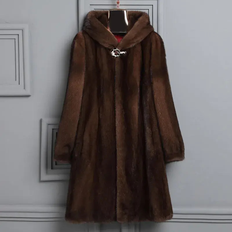 Women Fur Coat Expert Made Mid Length Winter Hooded Top For ladies real outerwear Thick Brown Mink 5Xl 6Xl H556 Faux Jacket