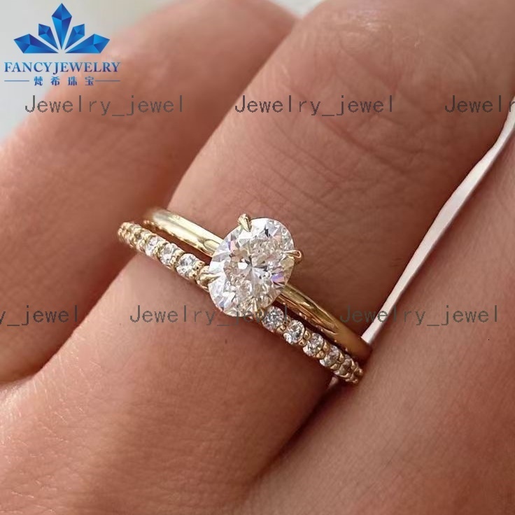 3CT Oval Lab Grown Diamond Engagement Ring Set 10K 14K 18K Solid Gold Solitaire with Round Pave Band Anniversary Gift for Women