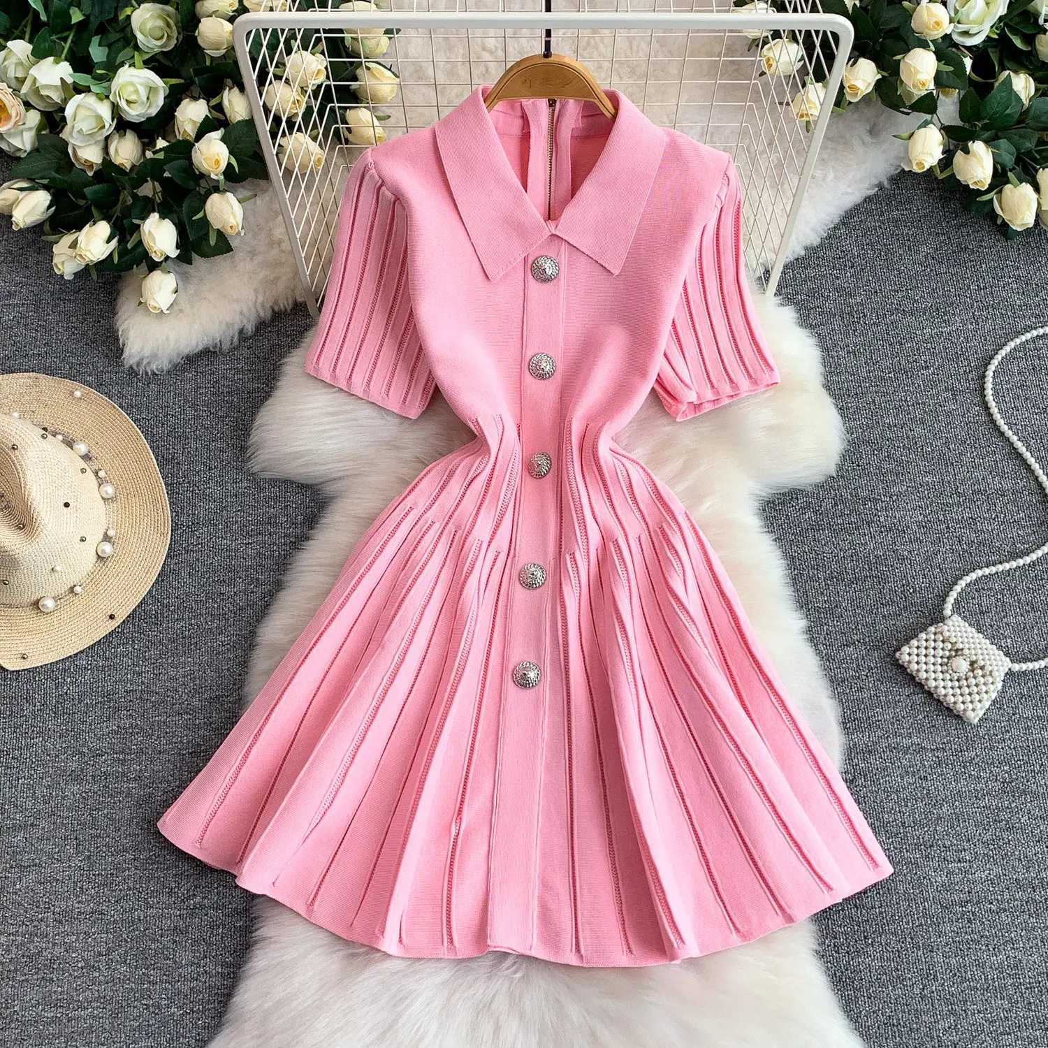 Elegant REALEFT Summer Pleated Women's Knitted A-line Dresses 2026 New Short Sleeve Solid Single Breasted Skater Dress Female C260917