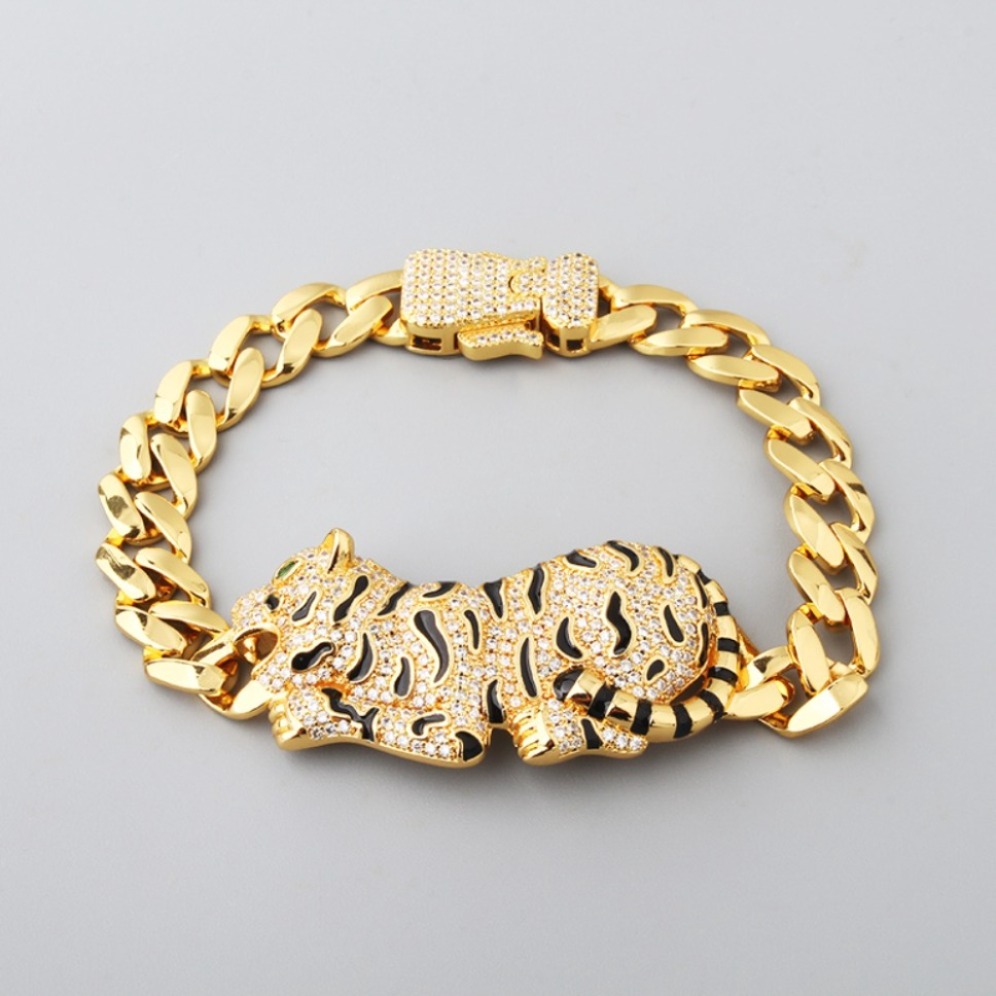 Designer Gold Plated Tiger Bracelet Full Paved Crystal Black Enamel Cuban Link Chain Fashion Men Womens Hip Hop Jewelry..
