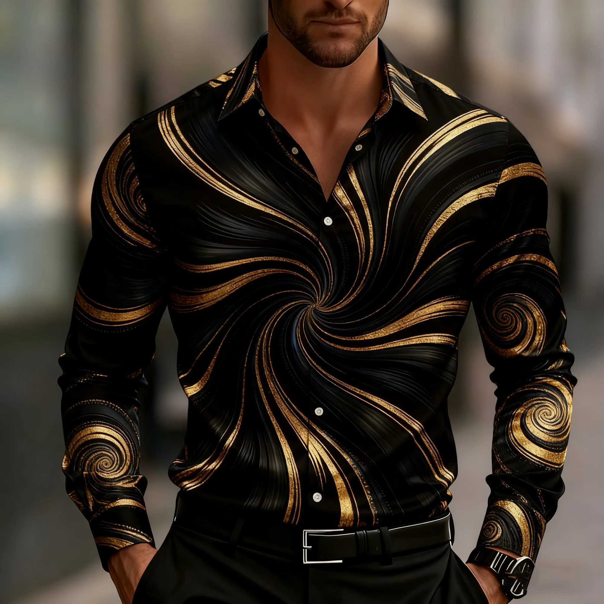 Men's long-sved geometric print shirt stylish button-down shirt modern swirling and striped pattern for everyday wear. Q260917
