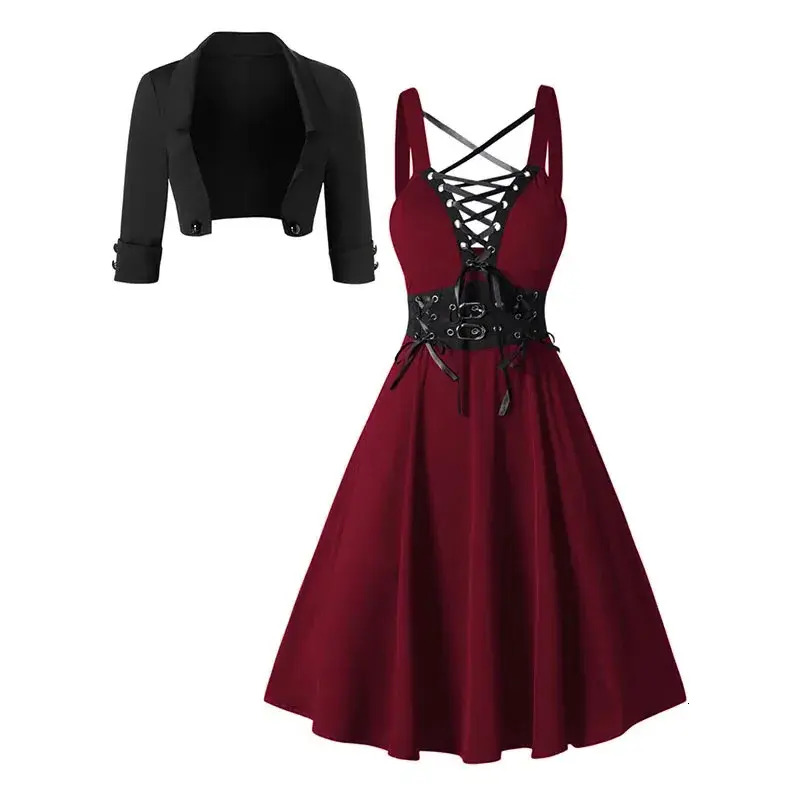 Women Casual Dress Womens Gothic Dress Set Solid Color Open Front Crop Jacket And Lace Buckle everyday Crisscross Ladies Basic ca8