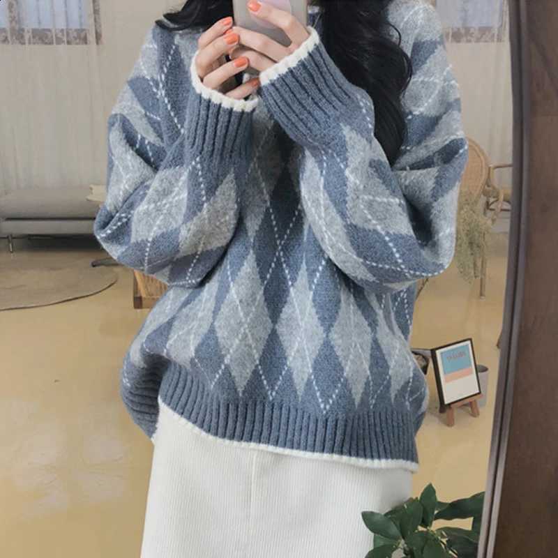 Fashion Loose O-neck Pullover Argyle Sweater Autumn Women Knitted Top Elegant Long Sleeve Winter Plaid Jumper Casual Knitwear J260916