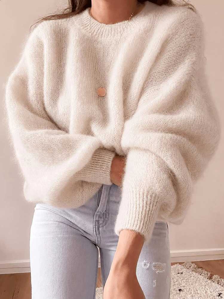 Neck Women Elegant Round Thick Loose Sweater Casual Long Sleeve Solid Jumper Top 2026 Autumn Winter Fashion Fluffy Pullover Knit J260916