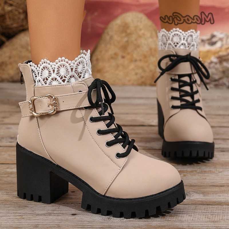 Women's 2025 Winter New British Style Lace-Up High Heel Ankle Boots Plus Size Chunky Platform Lace Short Boots Zapatos De Mujer D260917