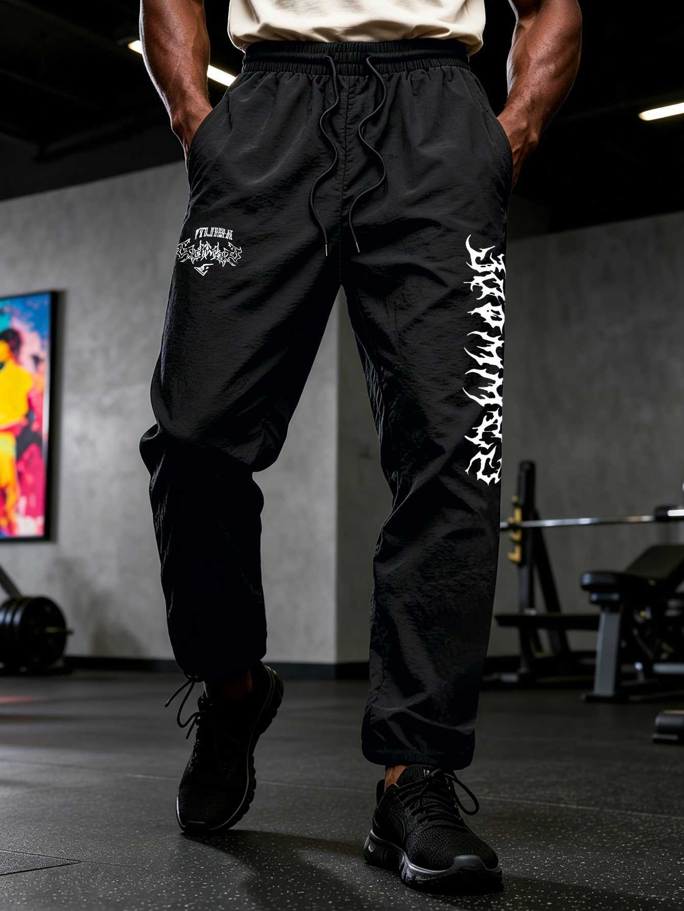 Gothic Style Men's Athletic Casual Long Pants Patchwork Letter Print Woven Trousers with Drawstring Striped Straight Fit for RunT260917