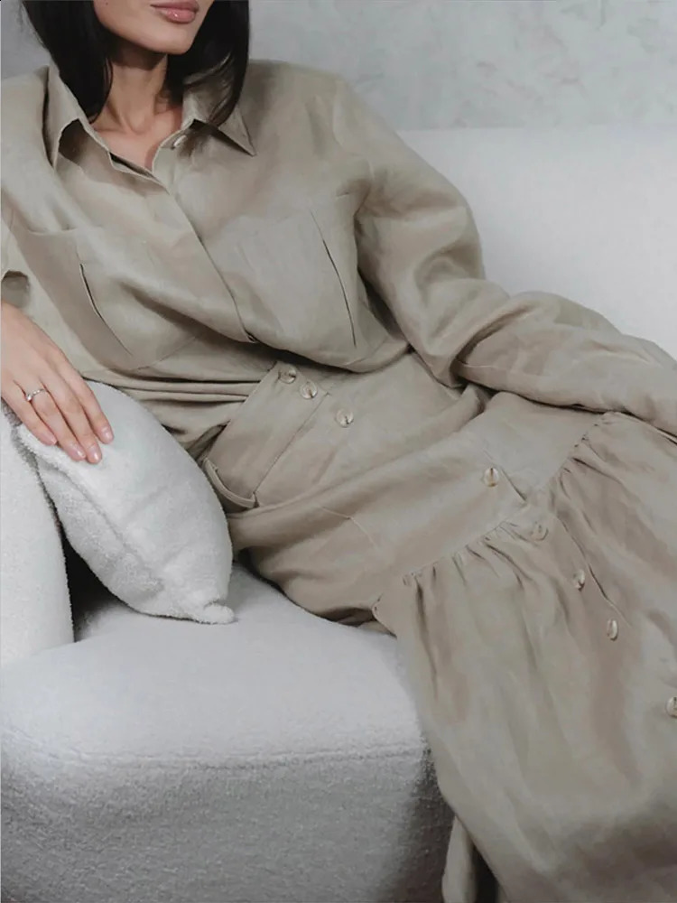Linen Look Shirt Women 2 Piece Outfit Lapel Blouse Button Down Ruffle Maxi Skirt Co Ord Set Boho Matching Sets Autumn Wear 260916