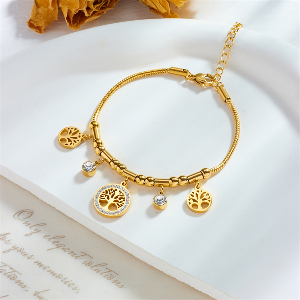 fashion tree of life butterfly pendant bracelet, gold-colored titanium steel, elegant and minimalist design, color-preserving small accessory