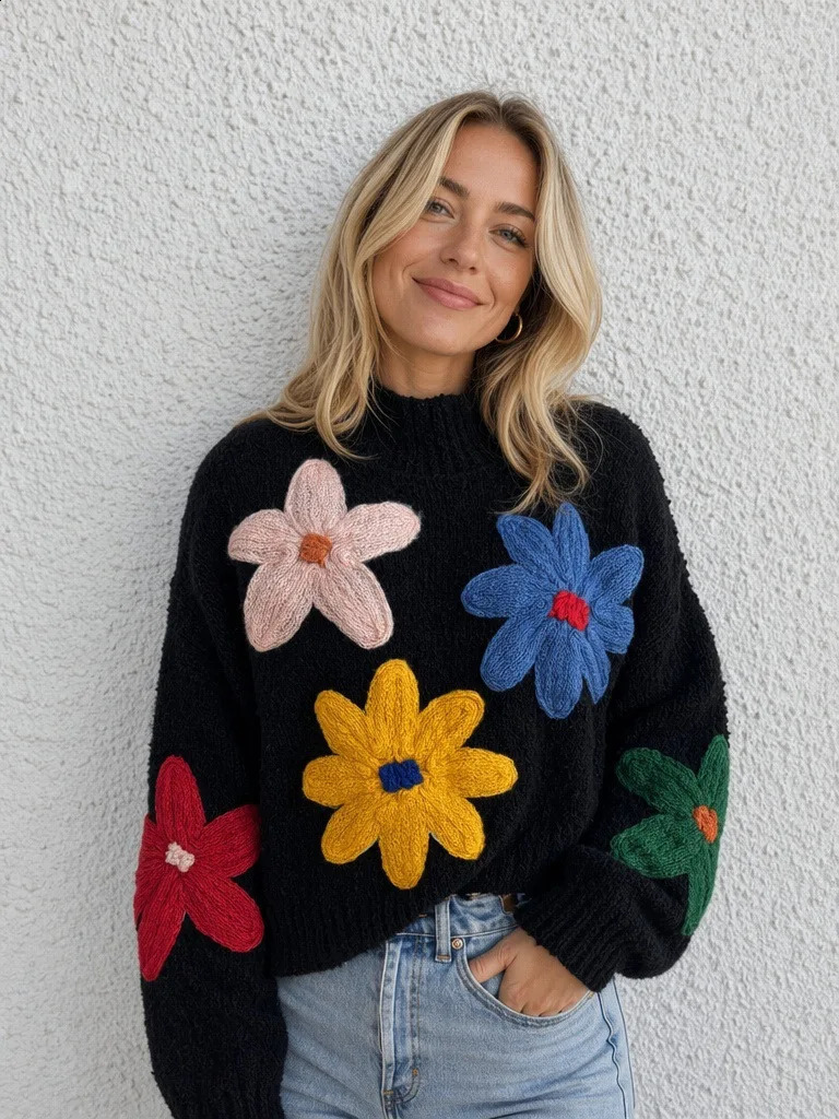 Women's Floral Embroidery Pullover Sweater Drop Shoulder Street Style Medium Thickness autumn Winter Fashion Knitwear for Ladies 260917