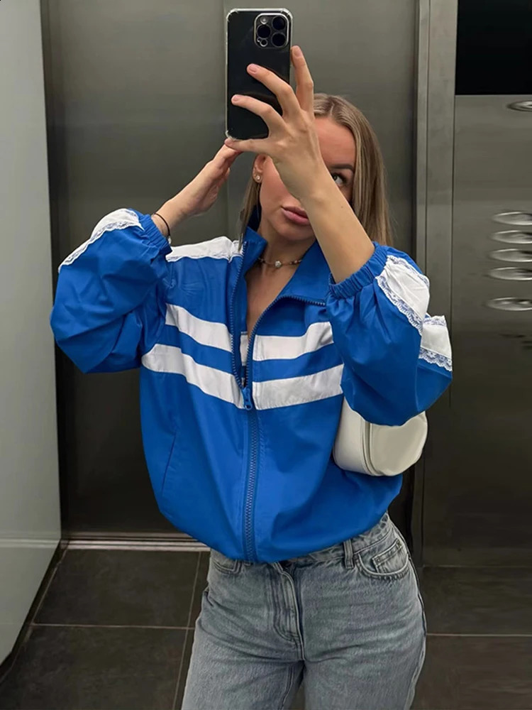 Color Block Stripe Lace Trim Zip Up Stand Collar Women Jacket Elastic Cuff Loose Relaxed Windbreaker Relaxed Street Zip Coats 260917