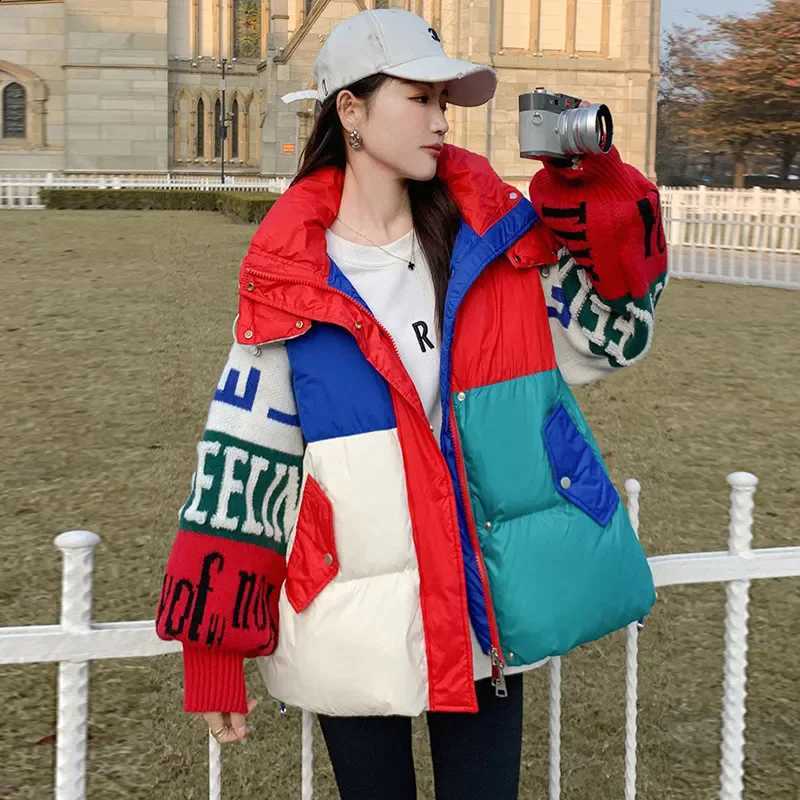 Knitted Sleeve Stitching Down Cotton-Padded Coat Women's Outwear Winter New Contrast Color Letter Loose Hooded Thicke Warm Parka H260917