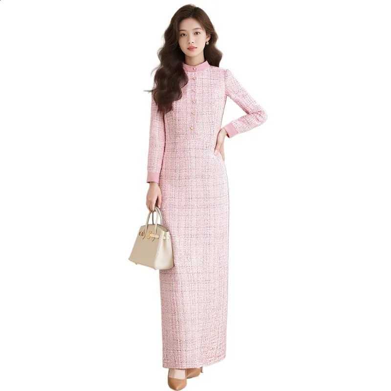 Winter Formal Autumn Wool Cotton Pink Long Dress Women's Thick Buttons Plaid Pencil Dress Office Lady Straight Dresses Slim Fit C260917