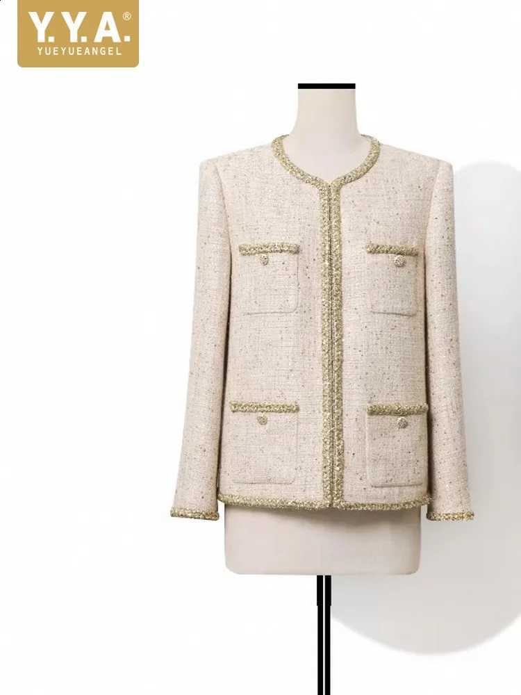 O Leisure Women Neck Tweed Jacket Sequin Multi Pocket Party Coats Chic Work Ladies Long Sleeve Jackets Single-breasted Outerwear C260917