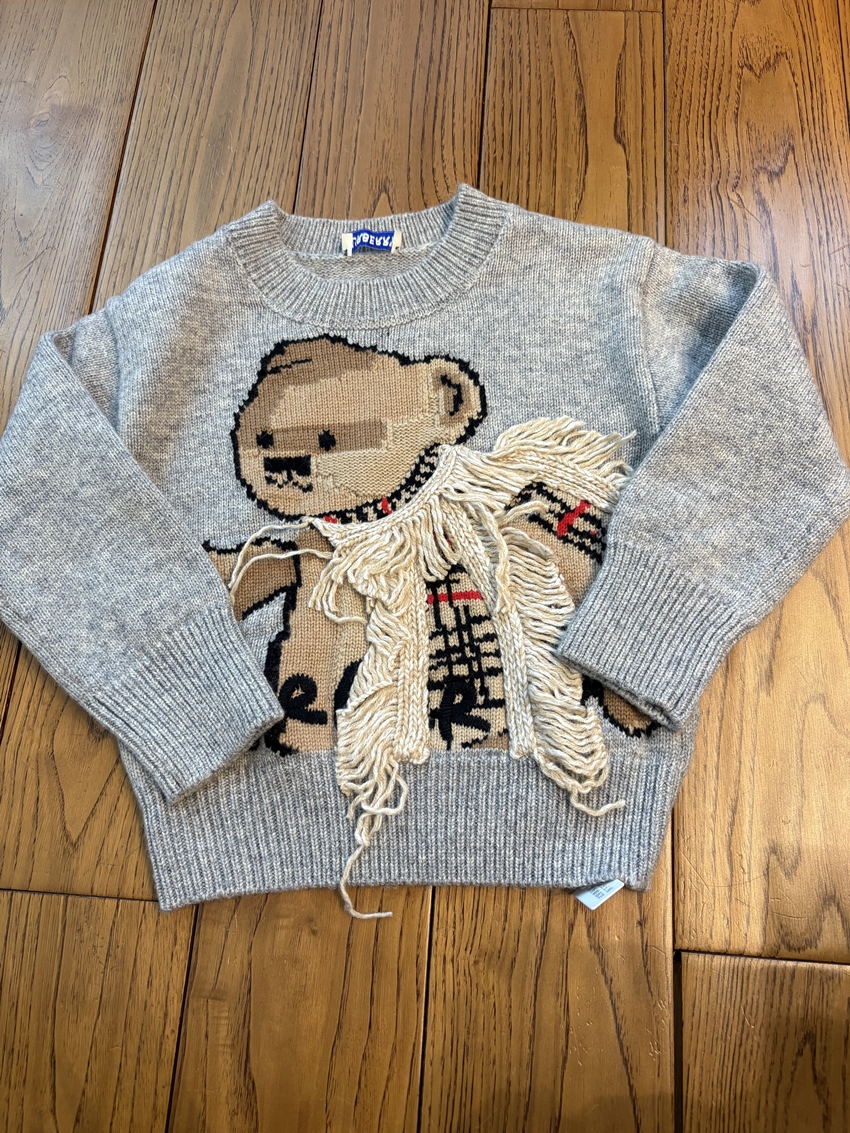 Kids Crew Neck Knit Sweater 3D Fringe Scarf Teddy Bear Pattern Children Warm Wool Pullover for Boys Girls Fall Winter