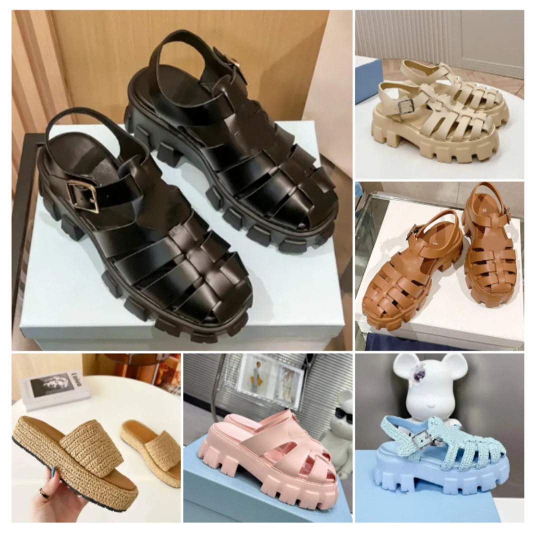 Sandals Luxury Womens Slides Triangle Designer Platform Slippers Summer Casual White Black Pink Brown Knitting Shoes Beach Sandal
