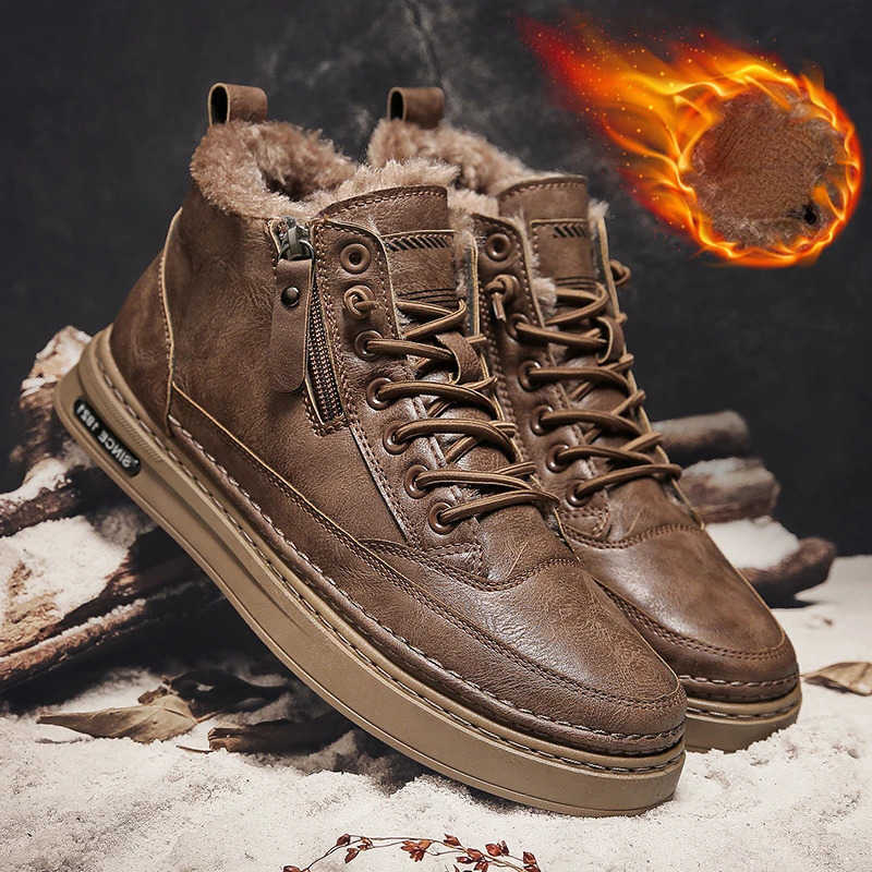 Leather Snow Boots for Men Winter Cotton Shoes High-top Trend Tooling Shoes Zipper Walk Flats Ankle Boots Men Casual Shoes 2024 D260917