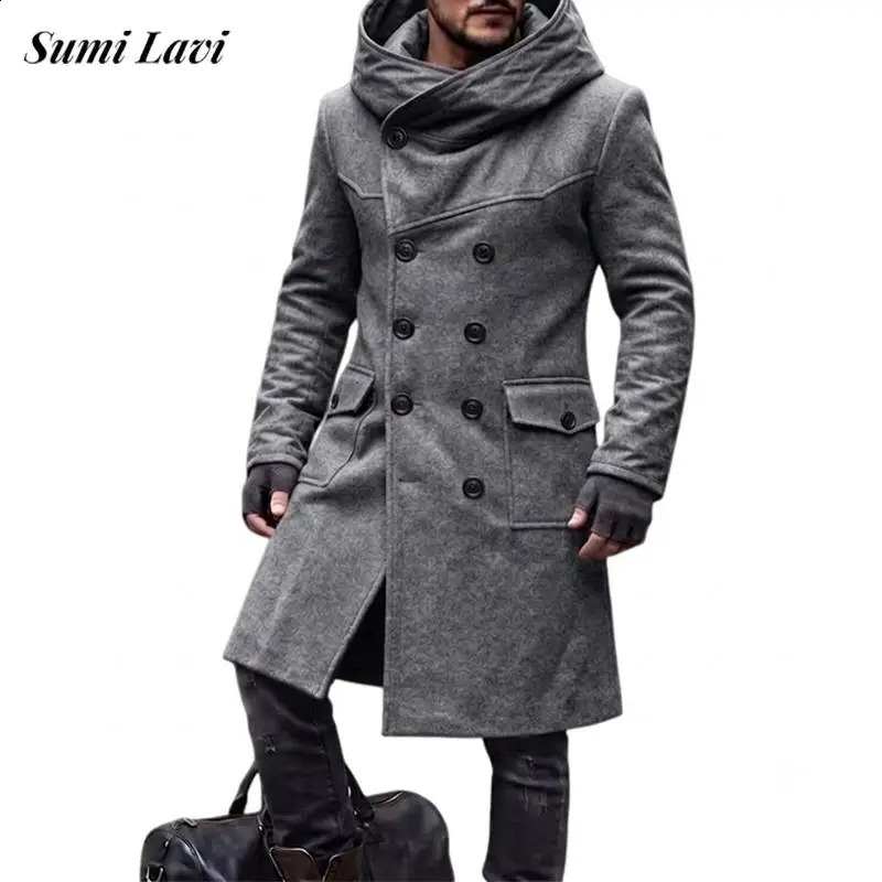 Daily Casual Solid Color Hooded Jackets Mens Vintage Doublebreasted Long Sleeve Maxi Coats Fall Outdoor Warm Woolen Outerwear 260916