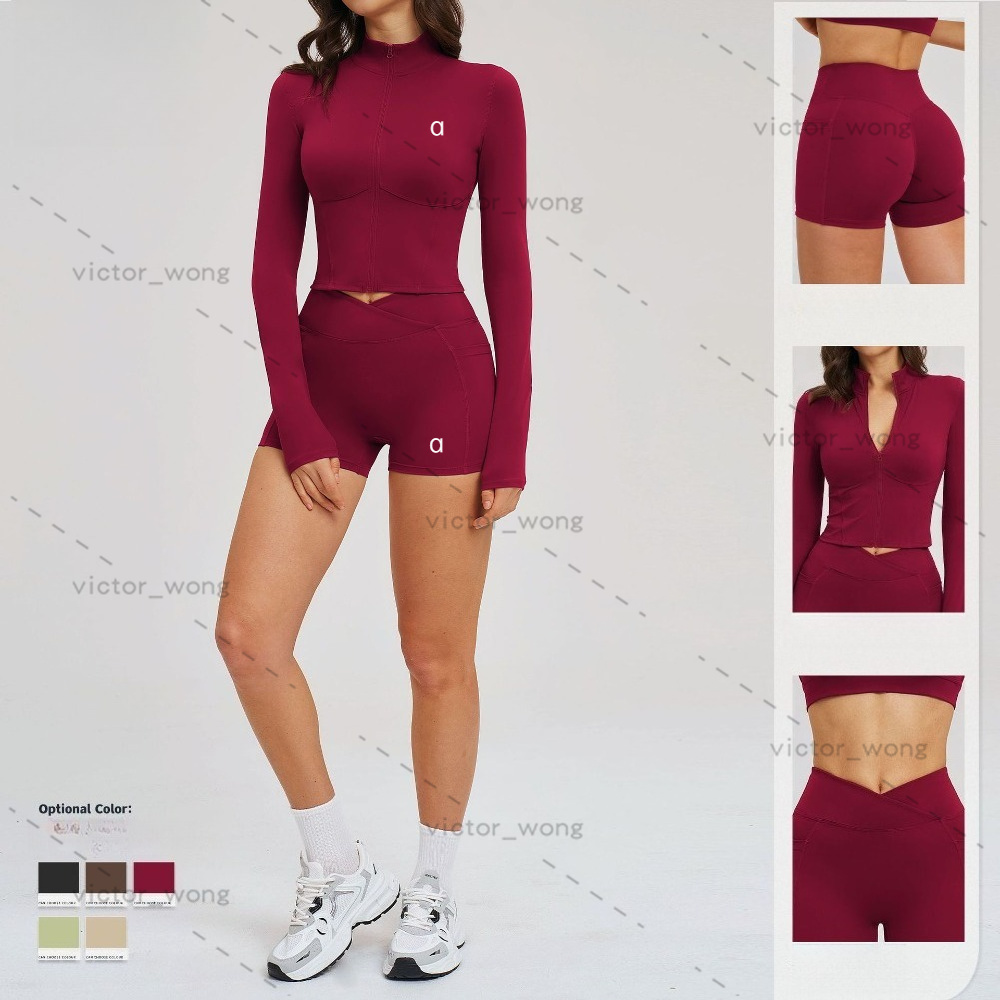 2539 Designer Women 2 Piece Set Yoga Outfit Full Zip Stand Collar Long Sleeve Cropped Jacekt Crossover Waist Biker Shorts Fitness