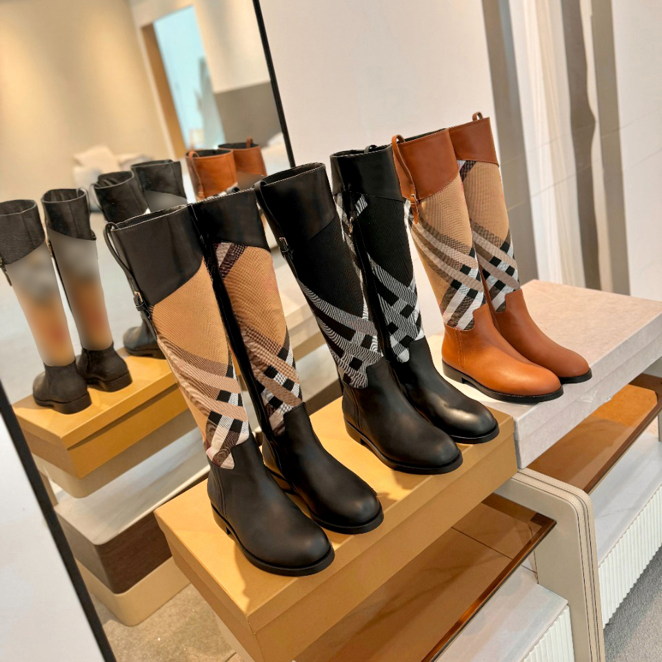 Luxury Designer Mid Calf boot Square heel Ankle Boots Fashion blueberry Womens Plaid Stripes Fabric bootie Outdoor Knee High Boots Rubber Rain Side