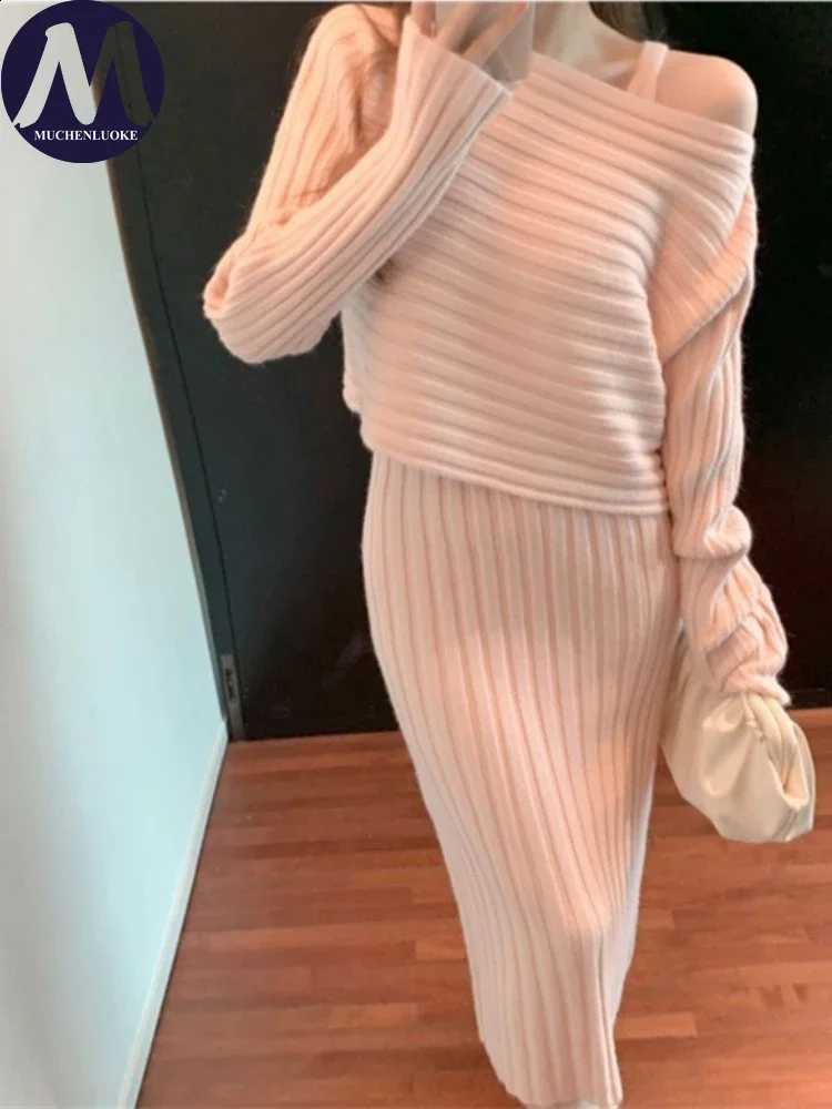 Elegant Knitted 2-Piece Set Women's Sling Dress Pullover Casual Fashion for Autumn Winter Elegant SuitsW260915