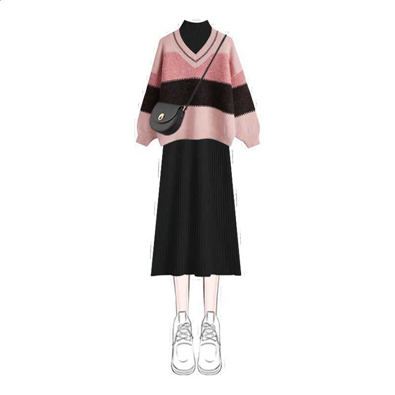 Patchwork Women's Autumn Winter Casual Sweater Korean Lady Daily Joker V-Neck Pink Loose Knit Tops Black Dress Outfits 2023 NewW260917