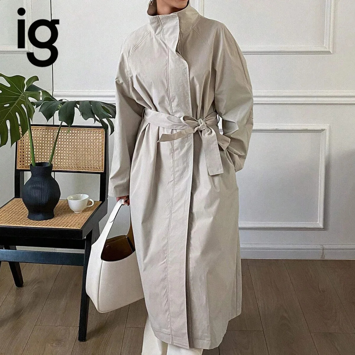 Women Stand Collar Long Trench Coat SelfBelt Waist Tie Loose Oversized Fit Button Clre Casual Outerwear For Spring Autumn 260917