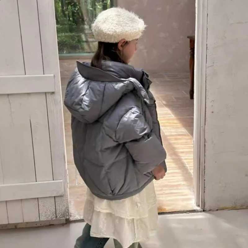 Mid 2025 Children's Winter New to Large Children's Solid Color Hoodie with Thick White Duck Down and Cotton Coat J260917