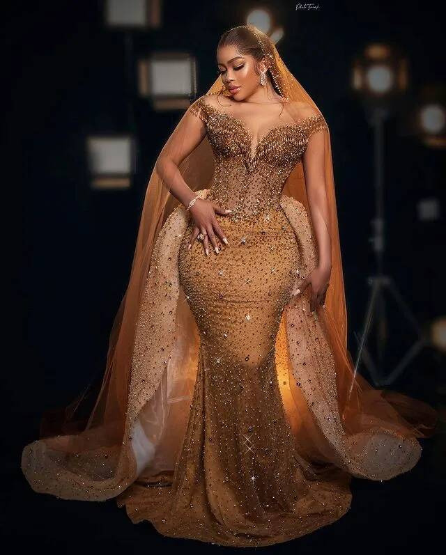 Plus Size Arabic Aso Ebi Gold Luxurious Mermaid Prom Dresses Beaded Crystals Evening Formal Party Second Reception Birthday Engagement Gowns Dress Z