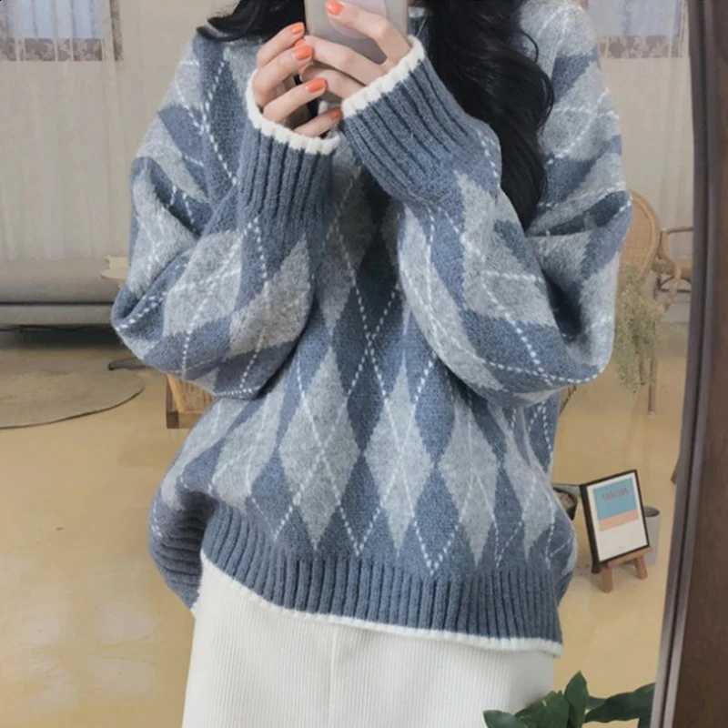 Argyle Sweater for Academia Women Crew Neck Long Sleeve Pullovers Jumper Shcoolgirl Fall Winter Preppy Style Outfit J260916