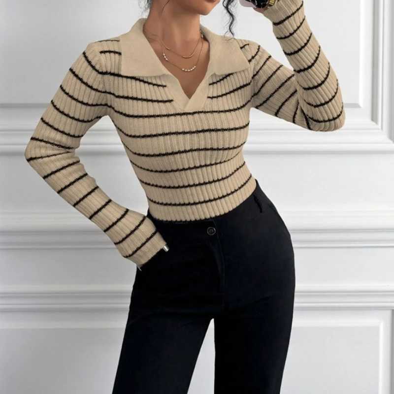 2025 New Lapel Slim-fit Knitted Bottom Shirt Autumn and Winter Long Sleeve Shirt Striped Sweater Women's Clothing S260917UW21