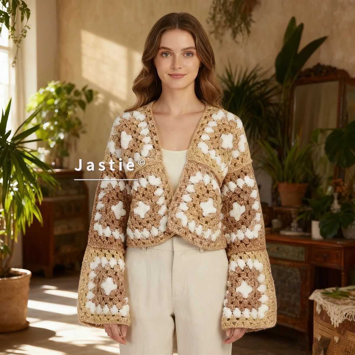 Pattern Women's Crochet Star Cardigan khaki White Long Sleeve V-Neck Cropped Sweater Cardigan Casual Autumn Winter Knitted Top J260916